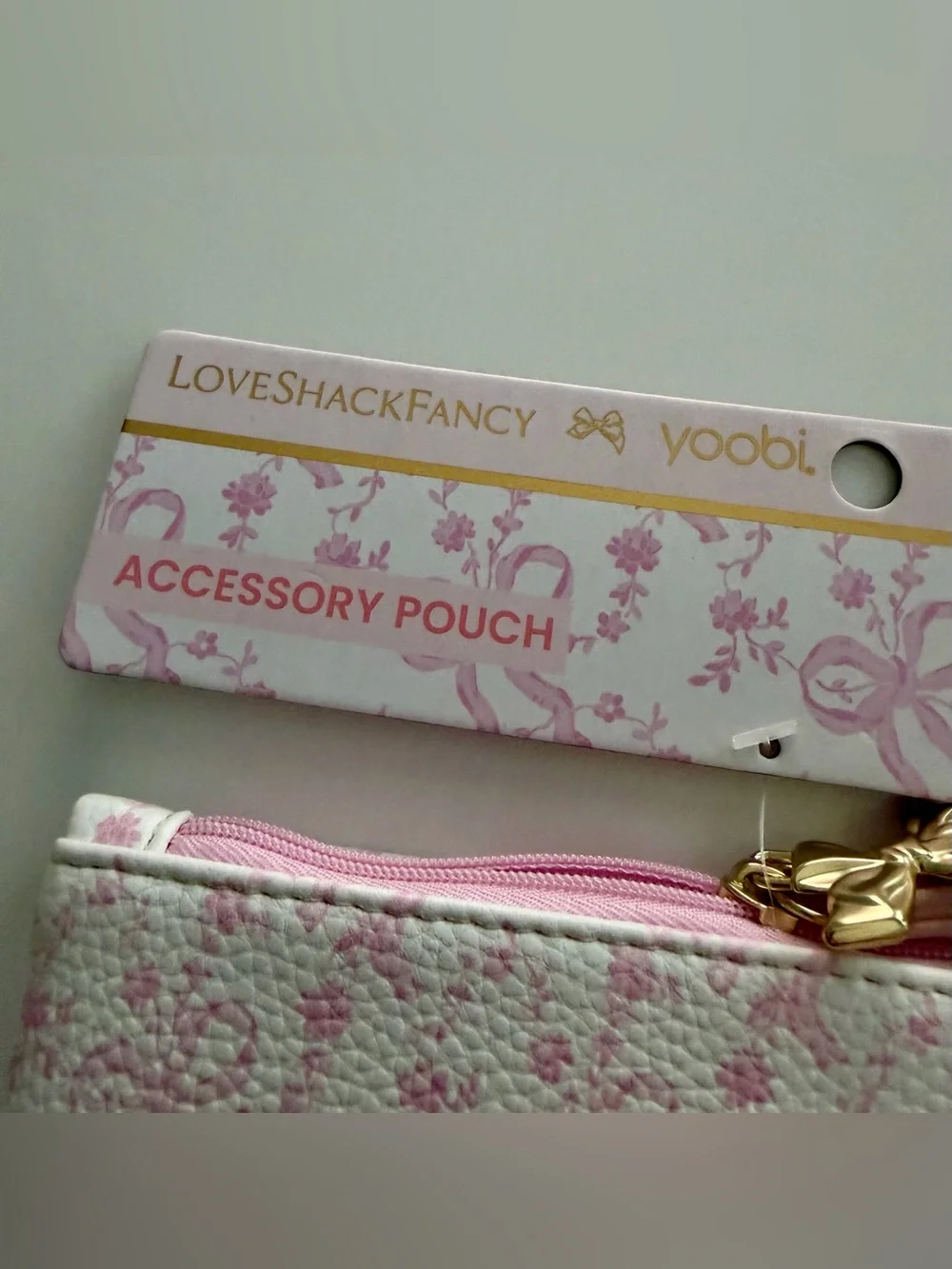 LoveShackFancy x Yoobi Coquette Bow Pink Flat Zip Accessory Pouch with Strap